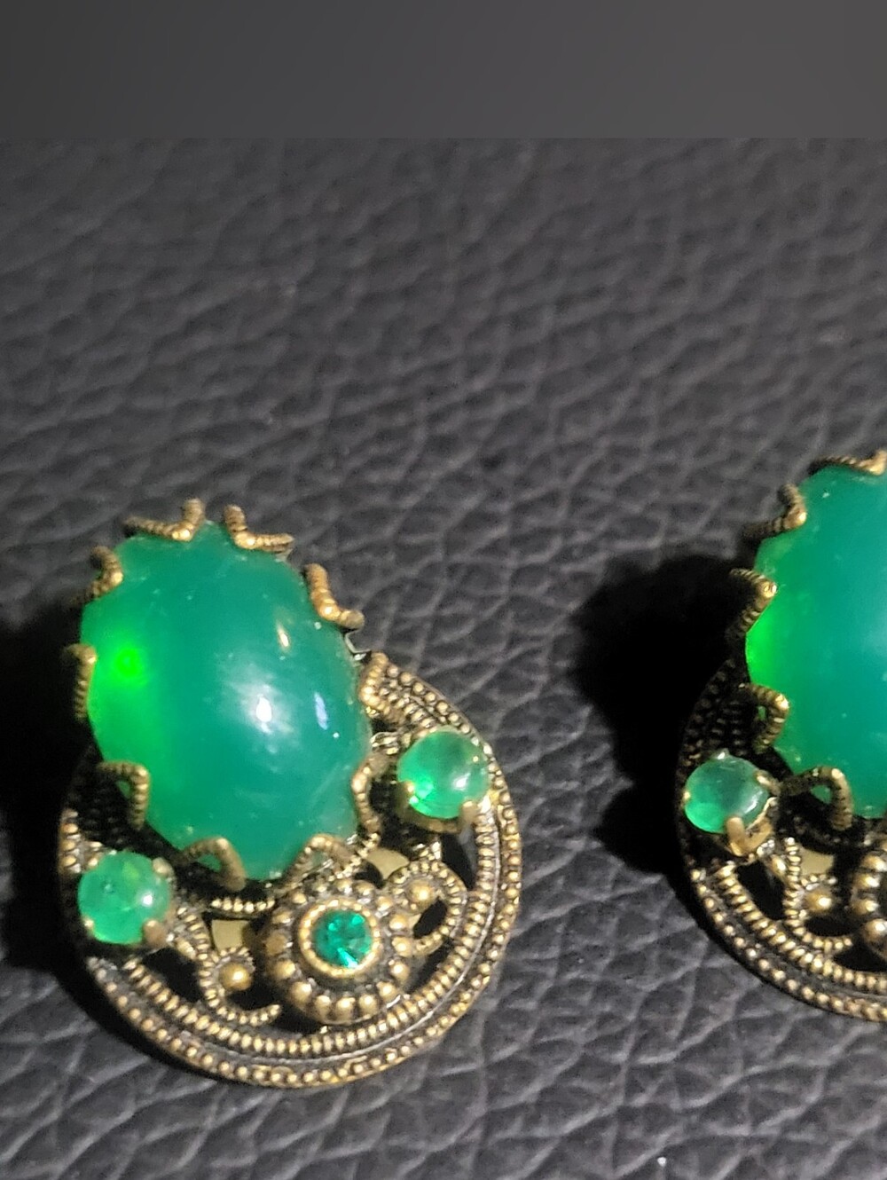 Vintage Germany Green Glass Cabochon Filigree ClipOn Earrings Mid Century Modern